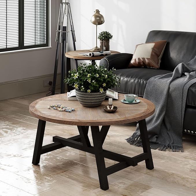 Rustic Farmhouse Coffee Table with Geometric Base, French Country Accent Table for Family, Dinning or Living Room, Modern, Round