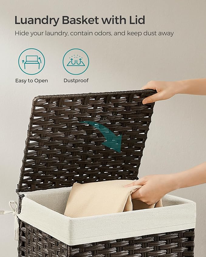 SONGMICS Storage Basket with Lid, 9.2 Gallon (35L) Storage Bin, Woven Blanket Storage Basket with Handles, Foldable, Removable Liner, Metal Frame, for Bedroom, Laundry Room, Brown URST040K01