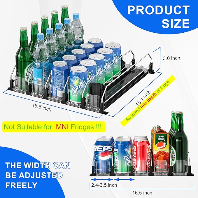 6 Rows Black Drink Organizer for Fridge, 3rd Gen Refrigerator Organizers and Storage, Automatic Pusher Glide and Adjustable Width Can Organizer for Refrigerator - Holds up to 30 Cans