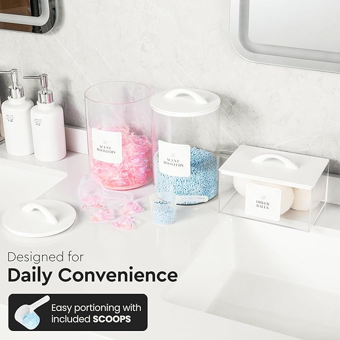 Laundry Pod Storage Container Set | Two 3L Glass Jars & One Acrylic Dryer Sheet Container with Bamboo Lids – Includes 2 Scoops, 60 Waterproof Laundry Labels – Dishwasher Safe