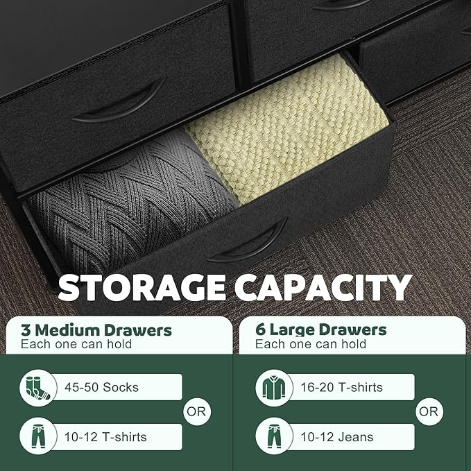 Dresser for Bedroom with 9 Drawers, Chest of Drawers, Storage Drawers Organizer Unit, Black Wide Fabric Dresser with Fabric Bins for Closet, Living Room, Entryway (Charcoal Black)