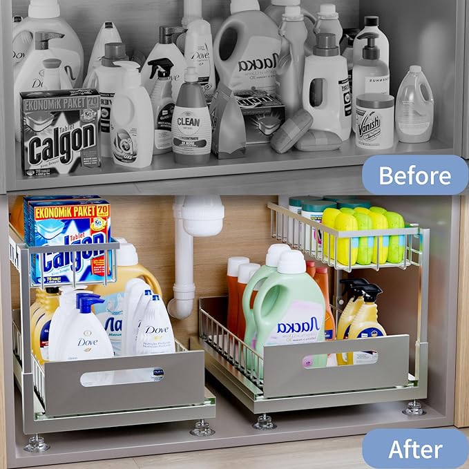 2 Pack Under Sink Organizer Storage 2-Tier Premium Metal Pull-Out Racks, Height Adjustable, Easy Installation | Kitchen & Bathroom Organizers