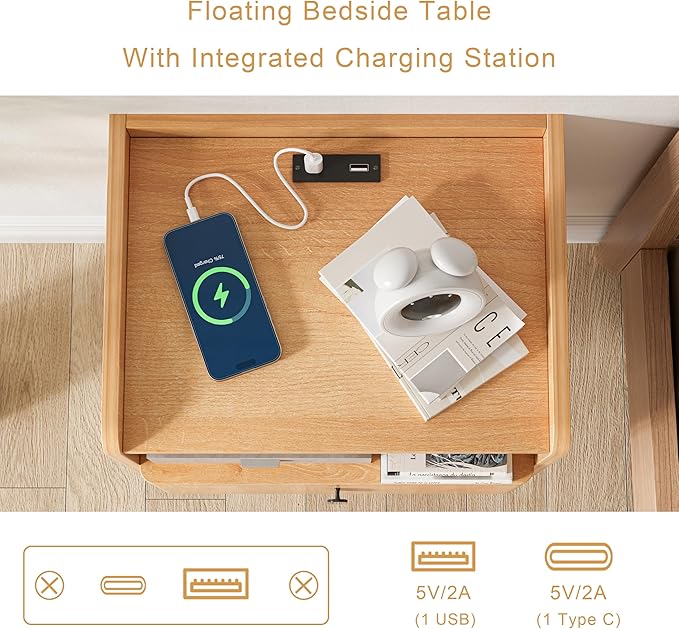 Floating Nightstand Set of 2, Modern Wall Mount Bedside Table with Drawer & Open Shelf, Space-Saving Night Stands with Charging Station, Natural Wood Finish for Bedroom