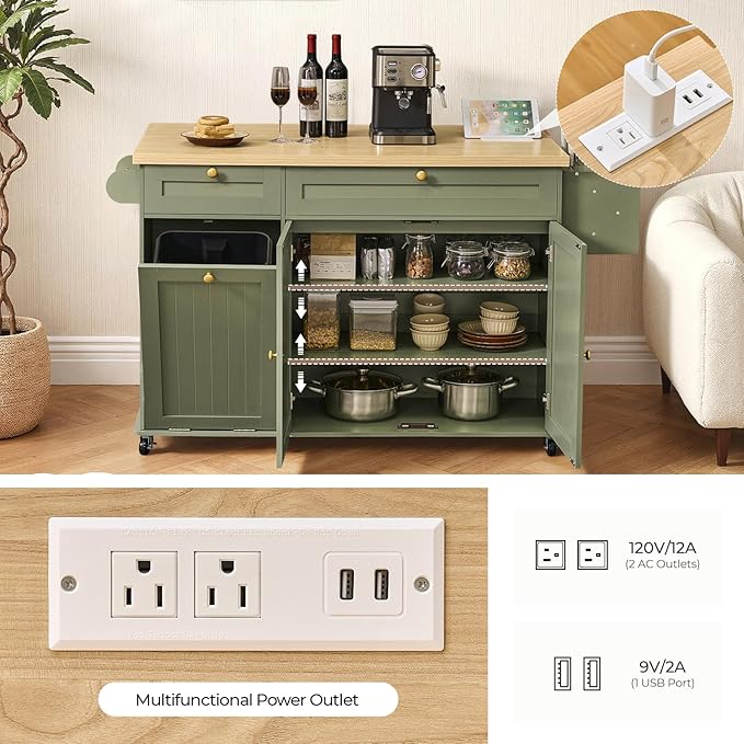 60.2" Kitchen Islands with Storage, Kitchen Island Cart with Trash Can Storage Cabinet, Rolling Kitchen Island Table with Drop Leaf & Power Outlet & Spice Rack & Towel Rack & Knife Holder, Green