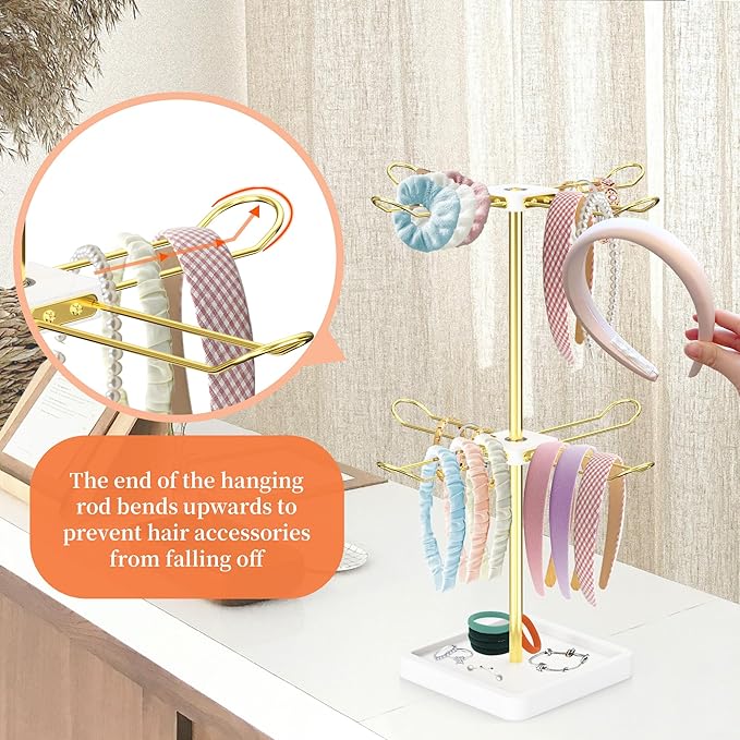 Rotatable Headband Organizer, 2 Tier Head Tie Holder, Hair Hoop Display Stand, Wooden Head Band Storage with 8 Metal Brackets, Scrunchie Rack for Bracelet, Jewelry, Claw Clip (White)