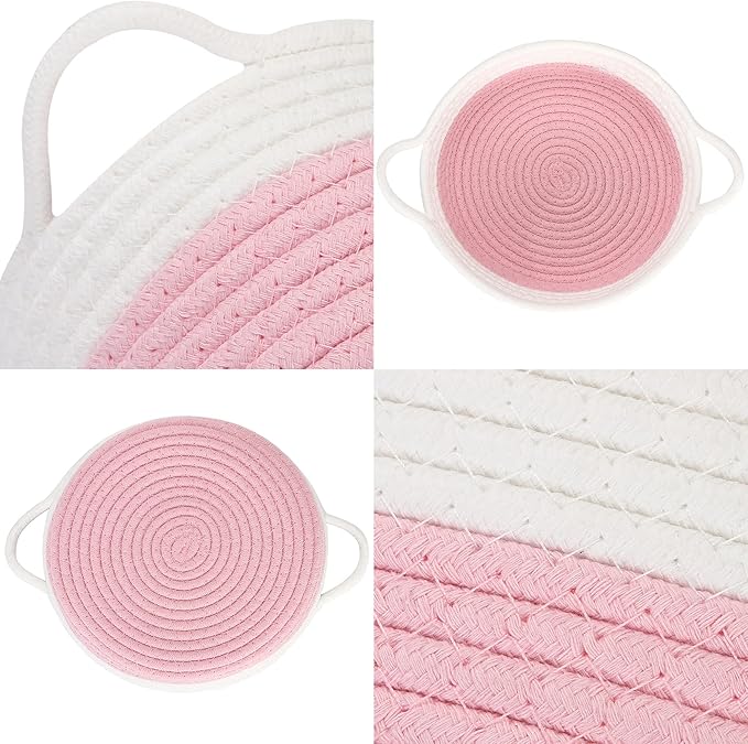 Sea Team 2-Pack Cotton Rope Baskets, 10 x 3 Inches Small Woven Storage Basket, Fabric Tray, Bowl, Round Open Dish for Fruits, Jewelry, Keys, Sewing Kits (Pink & White)