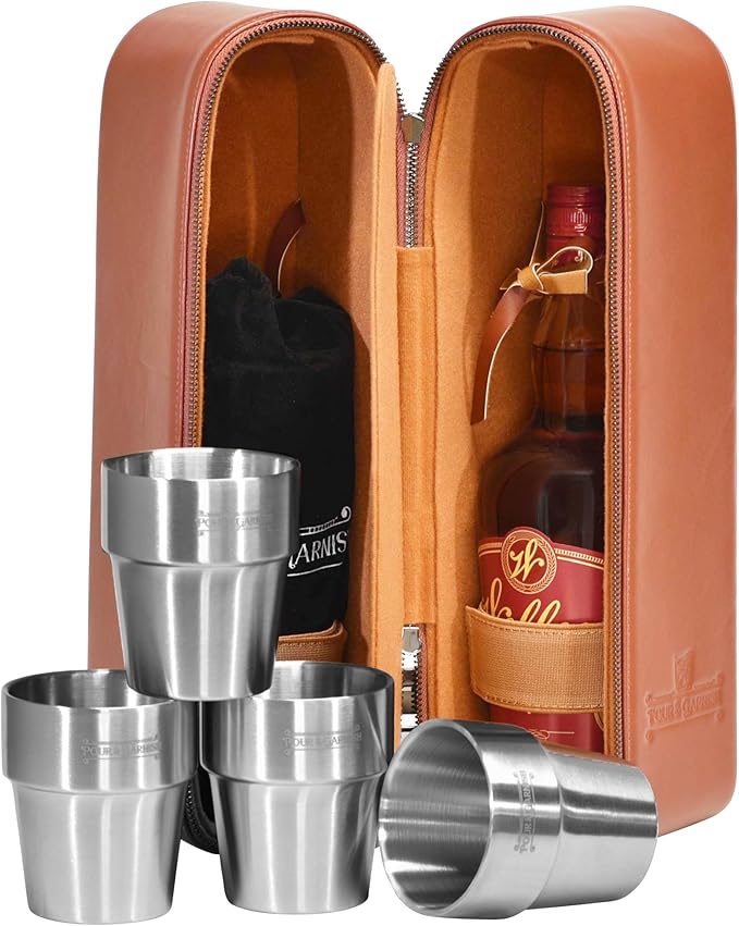 POUR & GARNISH Bourbon, Whiskey & Wine Double Bottle Travel Bag – Vegan Leather Spirits Carrier with 4 Stainless Steel Insulated Glasses & Gift Pouch – Luxury Barware Gift