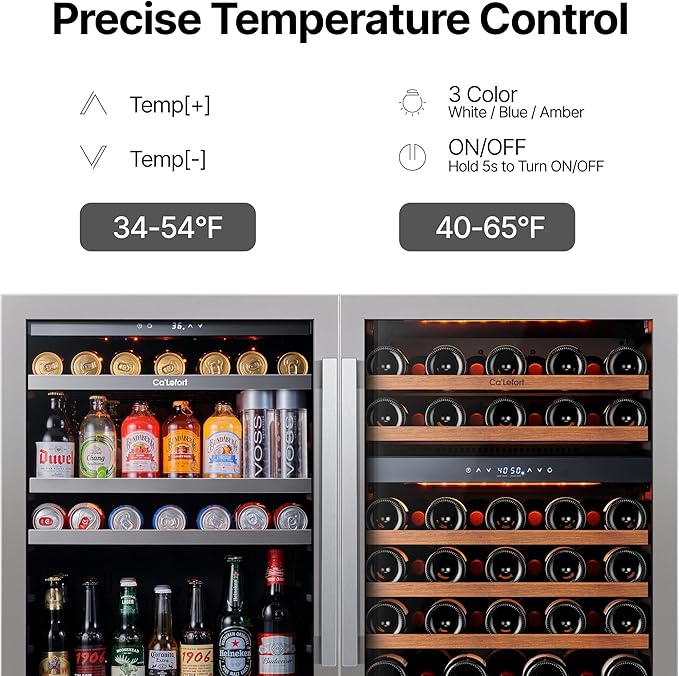 Ca'Lefort Wine Beverage Refrigerator Bundle - 48 Inch 34-65°F Drink Fridge Glass Door, 3 LED Dual Zone Wine Fridge Built-in or Freestanding, Holds 220 Cans and 46 Bottles (11.3 Cu.ft)