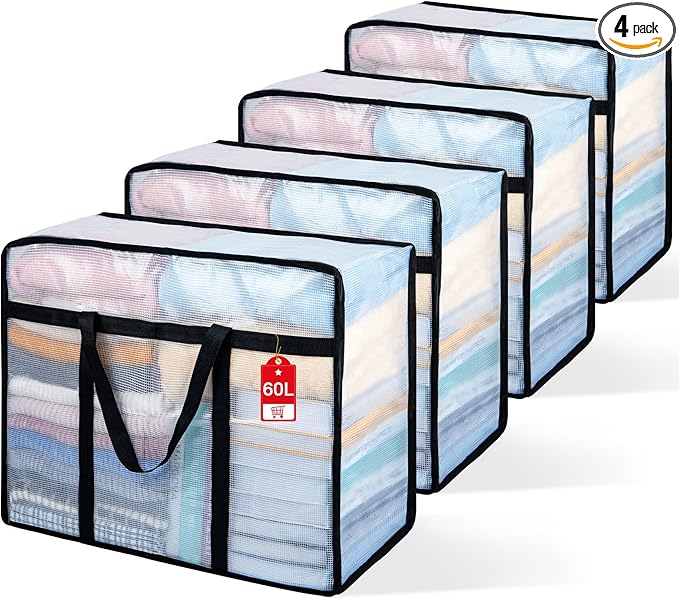 4 Pack Clear Blanket Storage Bags with Zipper, 60L Extra Large Vinyl Foldable Moving Bags Closet Organizers and Storage Containers for Bedding, Blankets, Comforters, Clothing, Toys, Quilt, Duvet