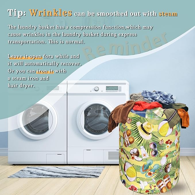 Happy Summer Time Laundry Hamper With Handles Foldable Oxford Cloth Tote Bag Colorful Hawaii Beach Funny Laundry Basket Clothe Toy Storage Bucket 18.9"x16.5"For Bathroom/Laundry/Bedroom