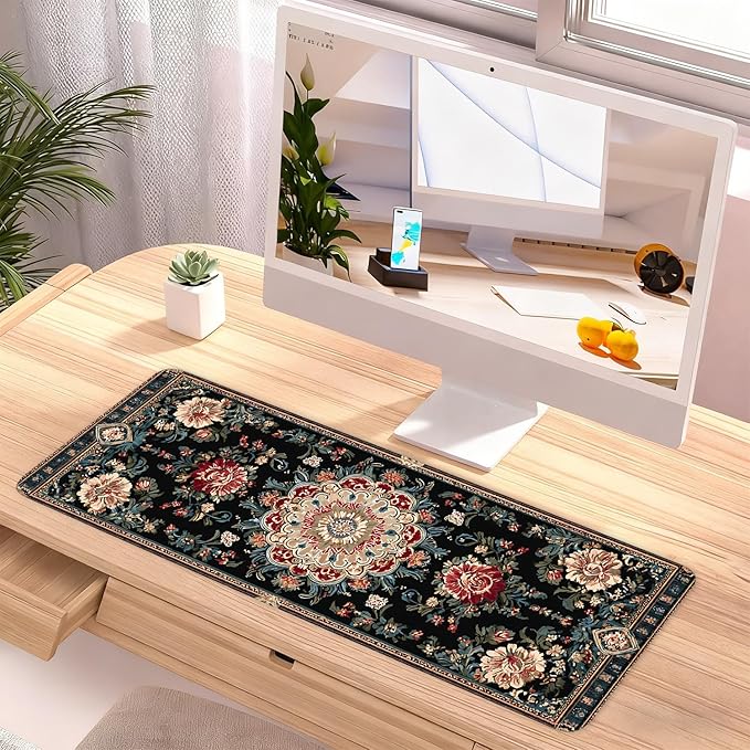 Vintage Persian Carpet Mouse Pad – Large Extended Desk Mat 31.5 x 11.8 in – Oriental Floral Rug Design, Non-Slip Rubber Base, Stitched Edges, Soft Keyboard & Mouse Mat for Office or Gaming