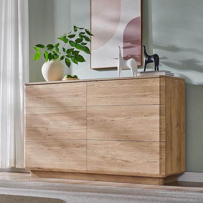 ACCOHOHO Modern 6 Drawer Dresser for Bedroom, 52" Wide Wooden Dressers with Large Storage,Handleless Chest of Drawers TV Stand for Living Room & Hallway, Curved Profile Design,Natural Oak