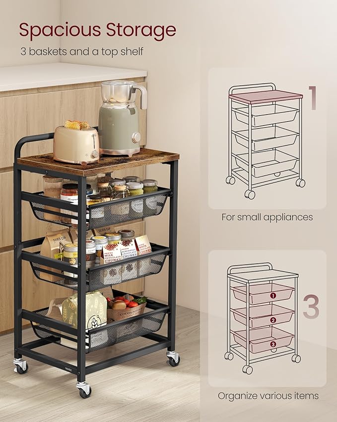 VASAGLE Storage Cart with Pull-Out Baskets, 4-Tier Kitchen Cart with Wheels, Handle, 12.5 x 15.8 x 29.9 Inches, Rustic Brown and Ink Black ULRC040K01