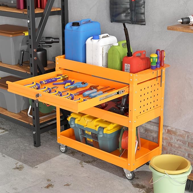 Heavy Duty 3 Tier Tool Cart, Mechanic Metal Rolling Tool Cart with Storage Drawers for Garage Workshop