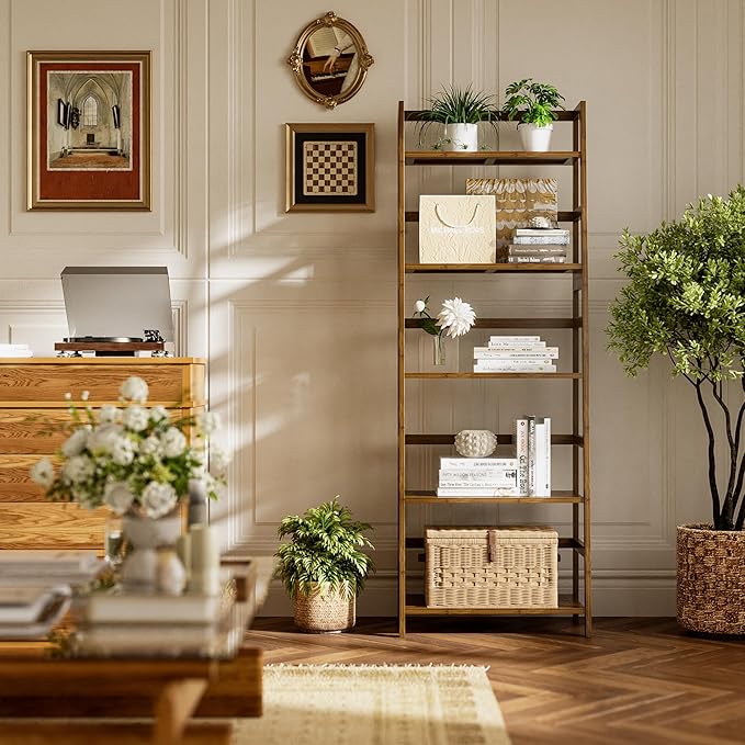Ladder Shelf, 5-Tier Bookshelf, All Bamboo Heavy Duty Bookcase, Freestanding Open Wood Storage Rack, Modern Corner Display Plant Stand for Living Room, Home Office, Bathroom, Bedroom, Walnut