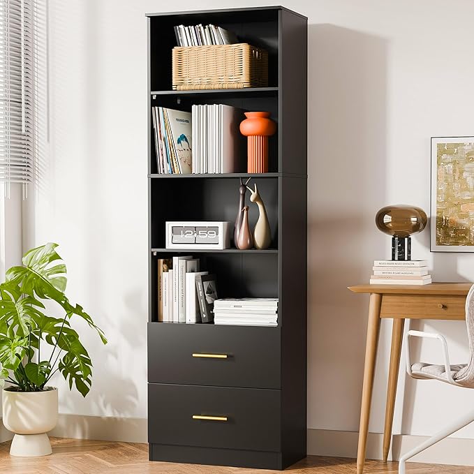 Cozy Castle 74.1'' Bookshelf,Tall Bookcase with Drawers, 4-Tier Open Bookshelf with Adjustable Storage Shelves,23.6 Inches Wide Floor Standing Bookcase for Home Office,Bedroom,Living Room,Black