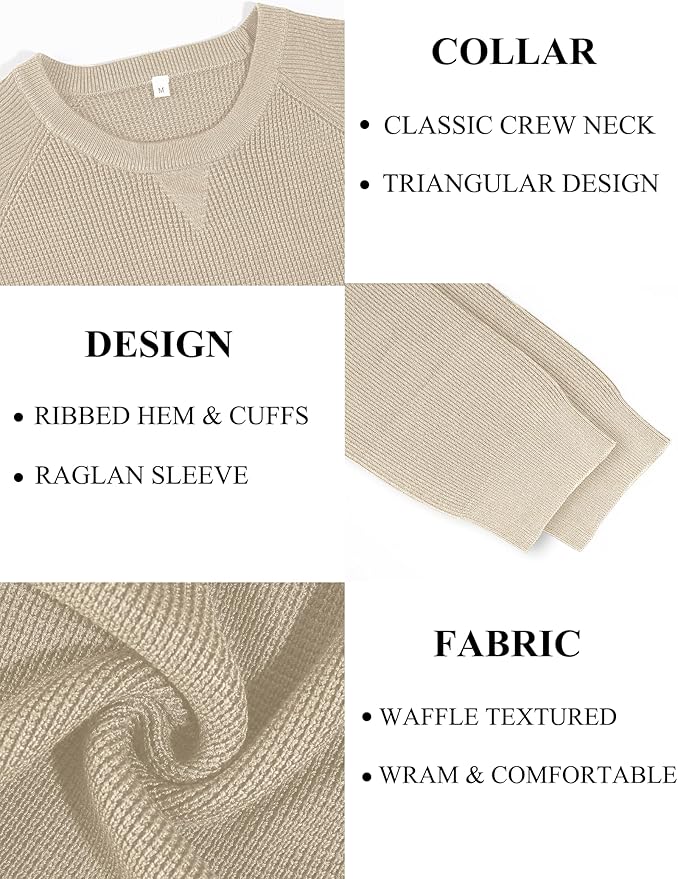 Vssjavun Sweaters for Men Crewneck Cable Knit Waffle Textured Pullover Sweater Warm Kitted Sweater Apricot