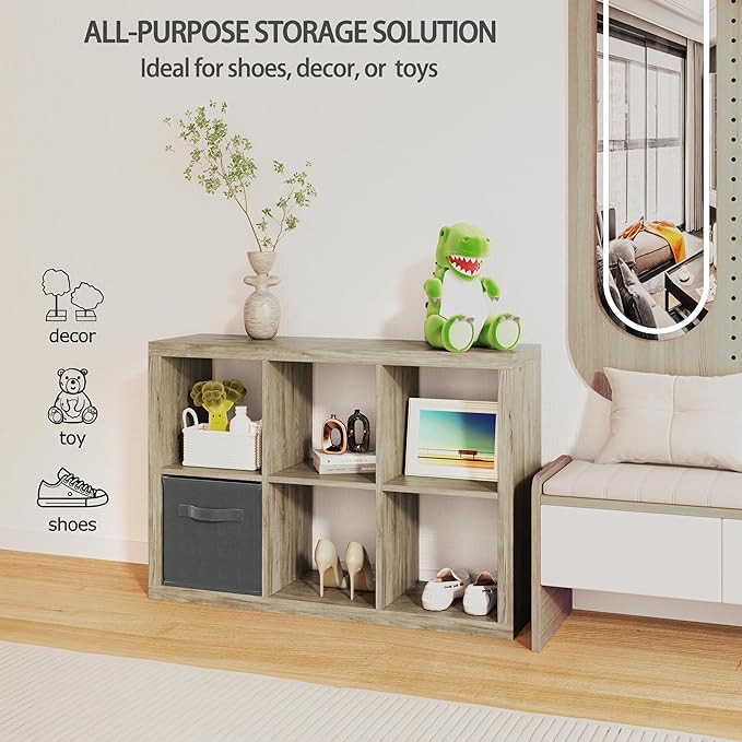 Bookshelf Cube Storage Organizer, 6-Cube Shelf Bookcase with Storage Bin, Modern Wood Open Shelf for Living Room, Bedroom, Home Office,Gray Oak