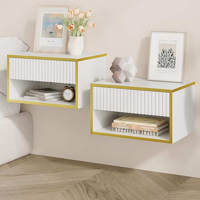 4ever2buy Floating Nightstand Set of 2, Modern Wall Mounted Nightstand with Open Shelf and Fluted Drawer, White and Gold Night Stand for Bedroom, White