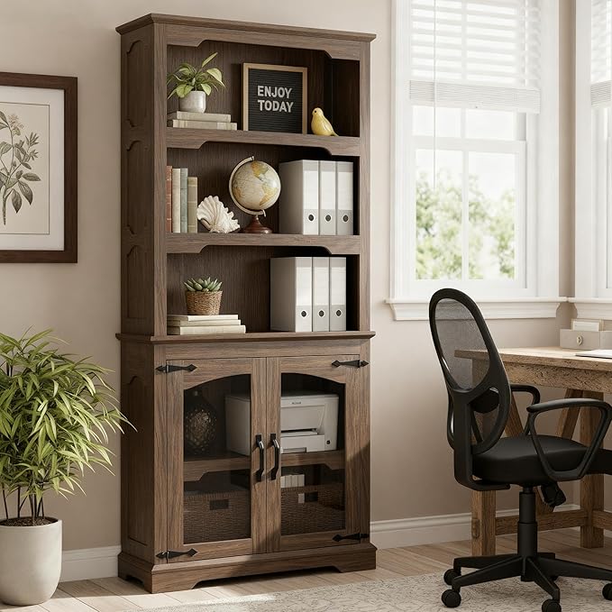 70 Inch Farmhouse Bookcase, Walnut Two-Tone Shelves, 5 Tier Bookshelf with Arched Trim Glass Doors, Living Room Storage Cabinet Unit, 31.5x11.8 Inches (Walnut, Glass Doors Storage)