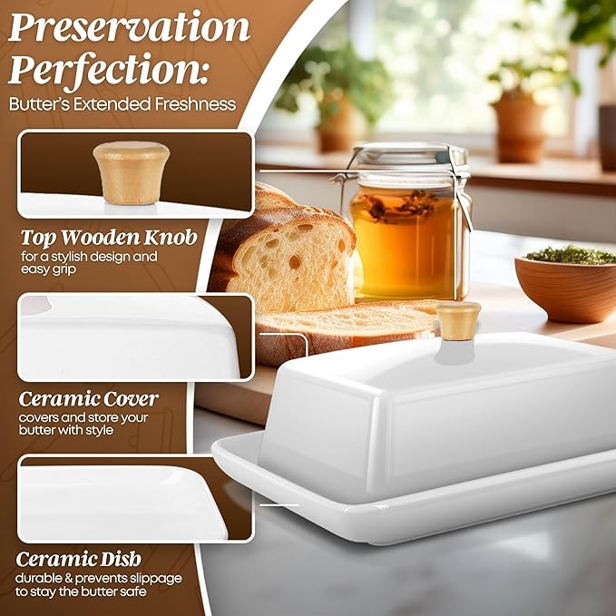 Flexzion Ceramic White European Butter Dish with Lid for Countertop (8 Inch) - Wide 2 Stick Double Butter Holder for Counter, Cream Cheese Container Storage Keeper