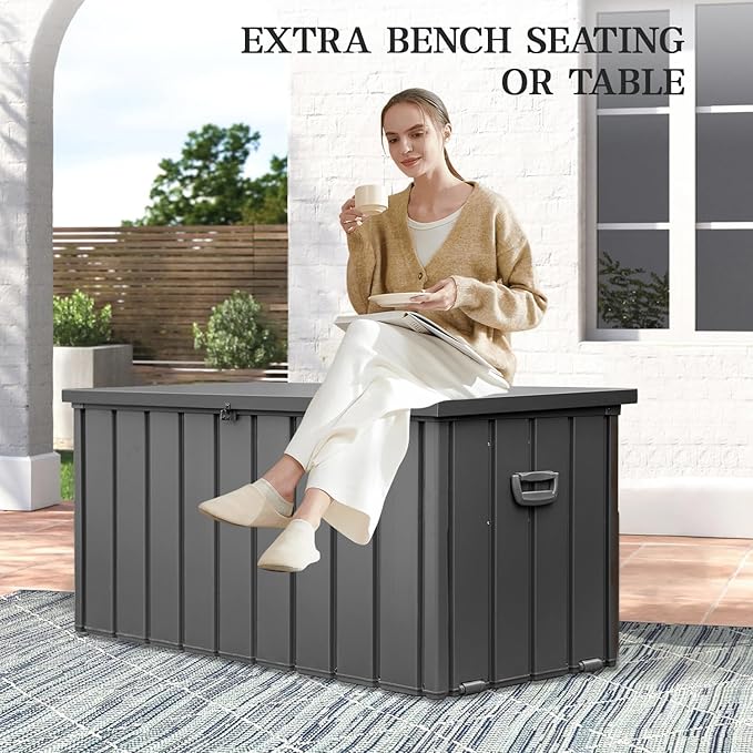 Domi 150 Gallon Deck Box, Metal Outdoor Storage Box with Lock Wheels Side Handles, Waterproof Outside Storage Box for Patio Cushions, Shoes & Pool Tools