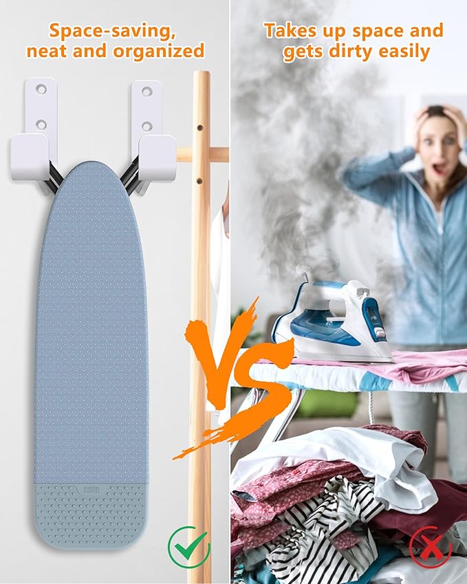 2PCS Ironing Board Holder Wall Mount White, Stainless Steel Ironing Board Hanger for Laundry Room, Adjustable Distance Holder Hook