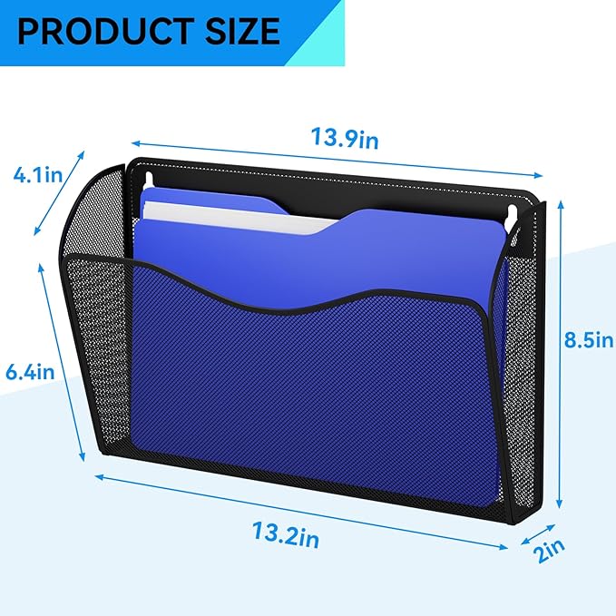 3 Single Pocket Wall File Holder, Mesh Hanging File Folder Paper Organizer, Vertical Wall Mounted Mail Basket, Storage Organization Magazine Rack for Office, Home and School, Black