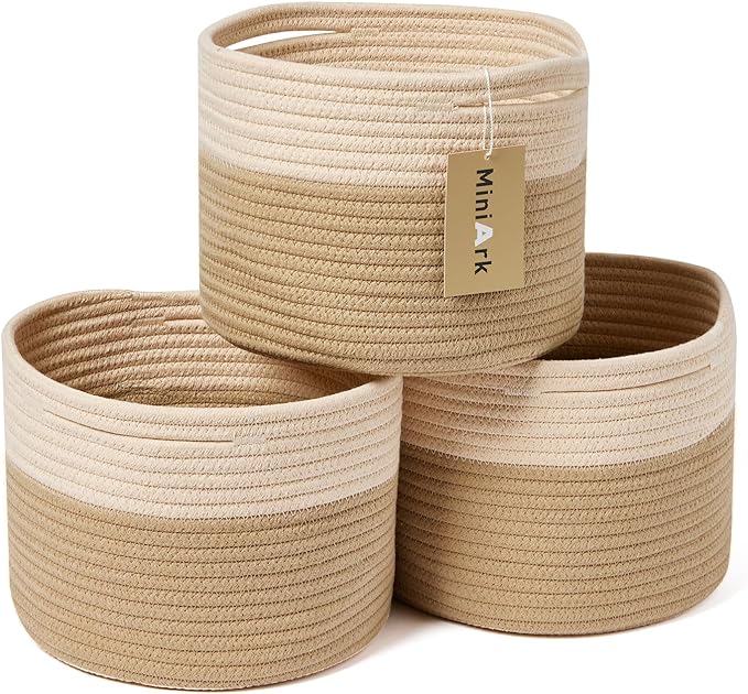 Small Basket for Organizing | Cube Shelf Closet Storage Baskets | 9.7×9.7×7.1” | Woven Rope Gift Basket | Nursery | Round 3 Packs Tan
