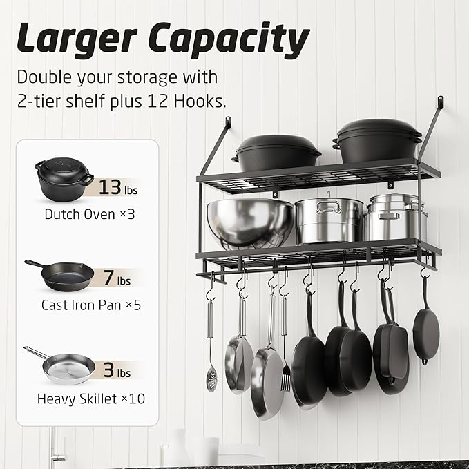 KES 30-Inch Kitchen Pot Rack - Mounted Hanging Rack for Kitchen Storage and Organization - Matte Black 2-Tier Wall Shelf with Guard Rail for Pots and Pans Organizer with 12 Hooks - KUR215S75B-BK