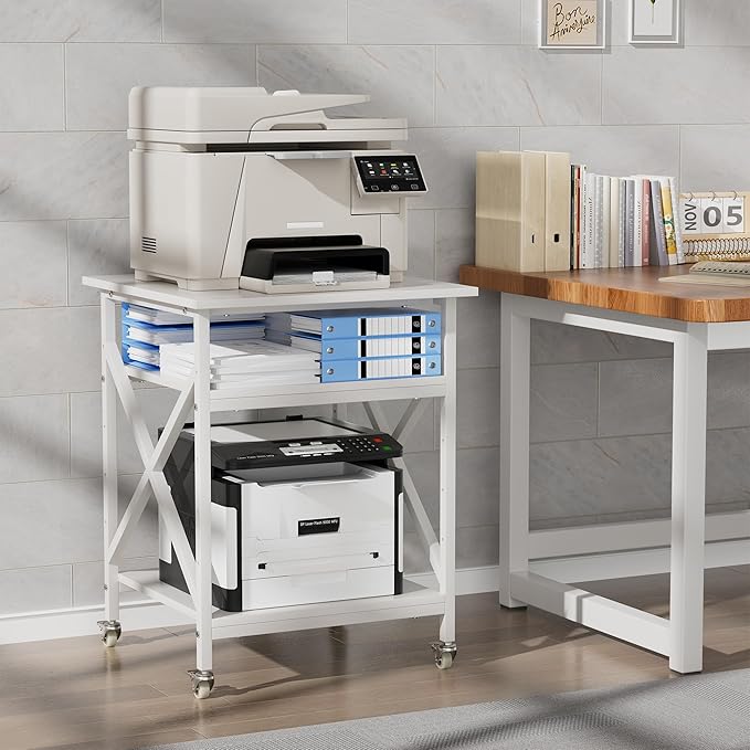 Ollieroo 3 Tier Printer Stand, Large Table with Wheels, Rolling Cart with Height Adjustable Middle Storage Shelf, 23.6 x 23.6 x 30.3 Inches Shelf for Home Office, White