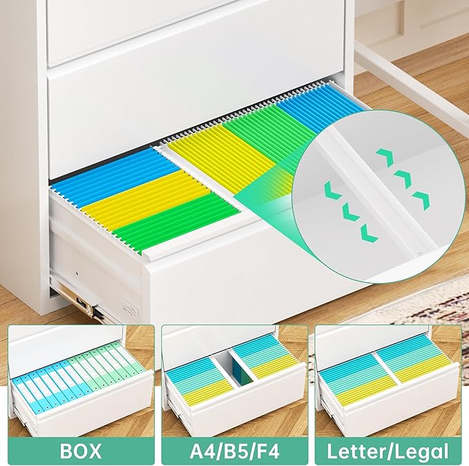 Bonusall 4 Drawer Lateral File Cabinet with Lock, Locking Metal lateral Filing Cabinet for Office Steel lateral File Cabinet, Large Horizontal File Cabinet Locked by Keys-White