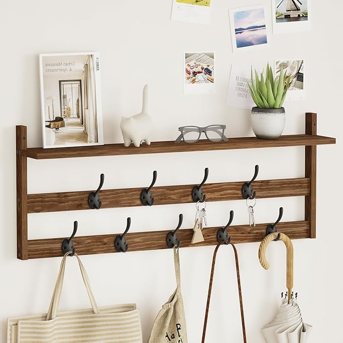 AMBIRD Coat Rack Wall Mount with Shelf, 29" Coat Hooks Wall Mounted with 9 Metal Hooks for Entryway, Bathroom, Bedroom, Living Room, Kitchen, 2 Tier Wall Hooks for Clothes, Hat, Towel, Key, Purse