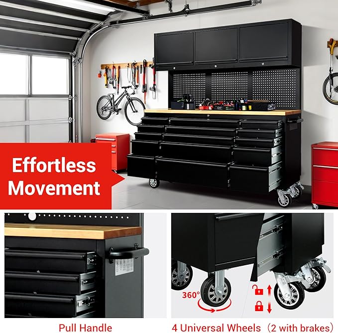 CT Copper Tailor 72-inch Rolling Tool Chest with Integrated Power Strip,15 Drawers and Wheels, Garage Workbench with Storage, 3 Upper Cabinets, Pegboard in Matte Black