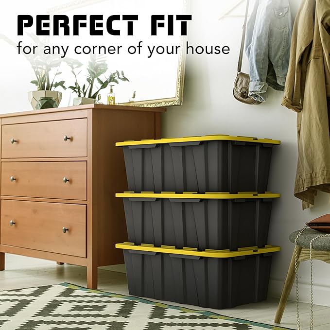 Lifetime Home 8 PACK of Medium 12 Gallon Plastic Storage Bin Tote Organizing Container with Ultra Durable Secure Latching Lids, Stackable, Extra Strength Clear with Built in Handle - Black and Yellow