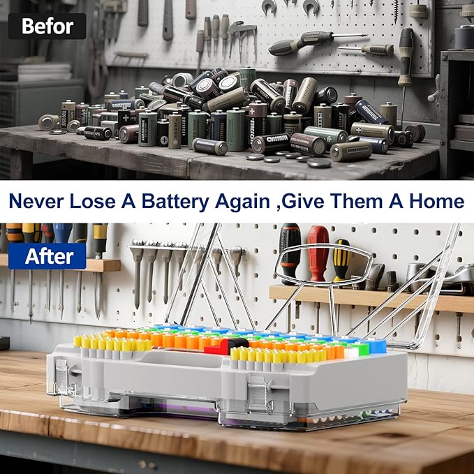 Battery Organizer Storage Holder Box Case with Tester, Stores & Protects Up to 285+ Batteries, Double-Sided and Durable Design,Holds AA AAA 4A C D Cell 9V 3V Lithium LR44 CR2 CR123 (Grey)