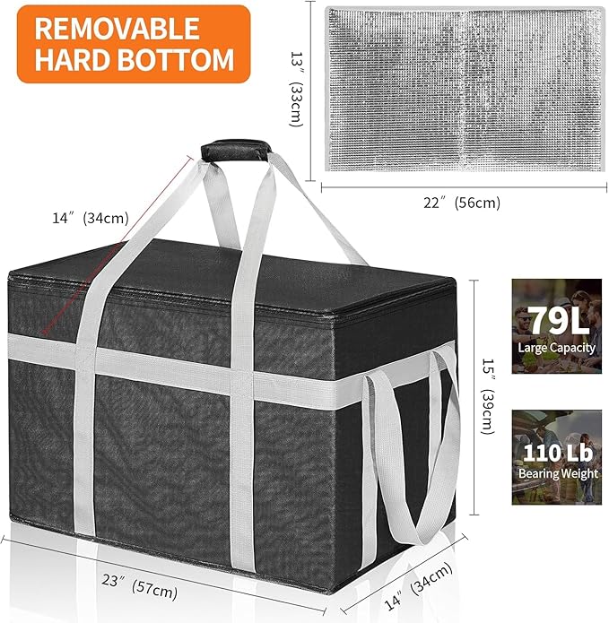 XXXL 2 Pack Insulated Food Delivery Bag with Removable Hard Bottom, Reusable Insulated Grocery Bag for Hot and Cold Food, Catering Cooler for Doordash,Warmers, Parties (Black)