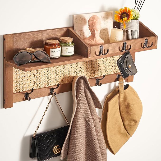 Coat Rack Wall Mount with Hooks & Shelf - Wooden Entryway Organizer for Hanging Coats, Keys, Hangers - Space Saving Durable Wood Holder for Hallway, Bedroom, Office-The Rattan Model