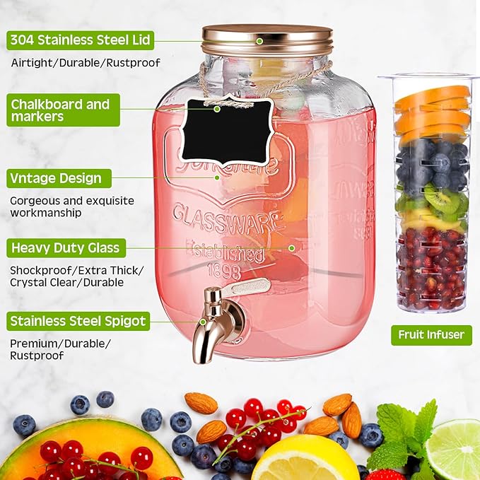 Lallisa 3 Pcs 2 Gallon Glass Drink Dispenser with Stand and Lid Mason Jar Beverage Dispenser with Stainless Steel Spigot, Hanging Chalkboard Signs, Fruit Infuse, Ice Cylinder, Liquid Pen (Rose Gold)