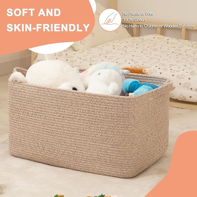 65L Large Storage Basket, Cotton Rope Woven Blanket Basket, Toy Storage for Baby Room, Living Room, Brown