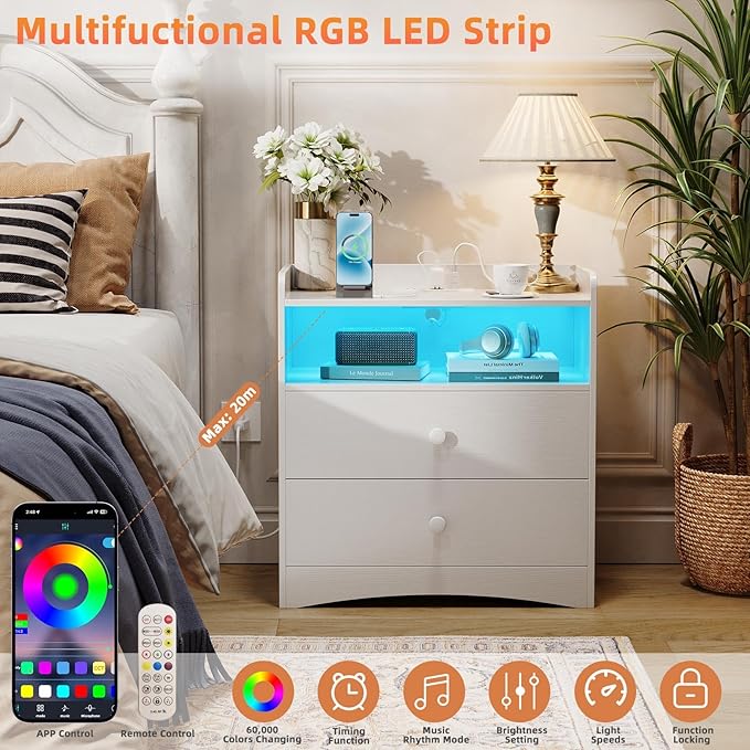 2 Pack Nightstand with Charging Station and LED Light, Modern Nightstand with USB Ports and Outlets, Wood Bedside Table with 2 Storage Drawers, Small Dresser for Bedroom Small Space, White
