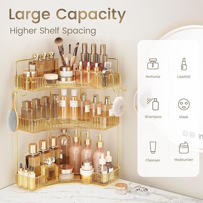 Golden 2-Tier Corner Bathroom Organizer, Countertop Storage Shelf with Hooks | Makeup & Skincare Organizer for Bathroom Sink and Vanity Counter