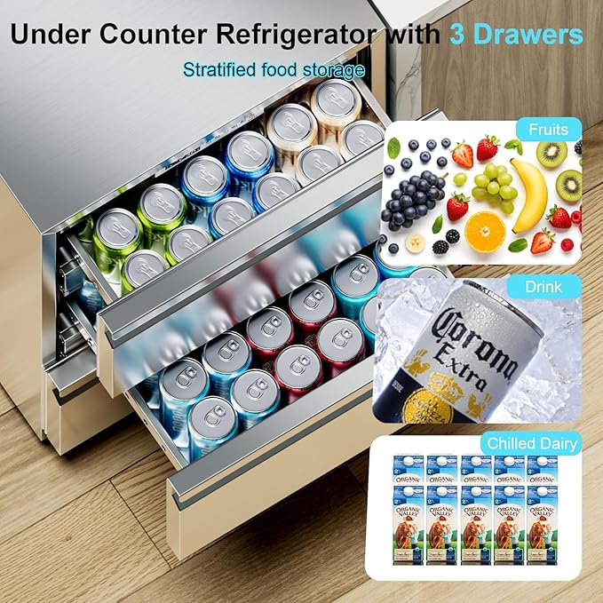 Drawer Refrigerator Outdoor Under Counter Stainless Steel 3 Drawers Beverage Refrigerator Weather Proof Built-in Beverage Fridge for Commercial Home