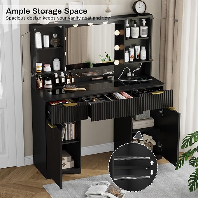 ONME 47.2" Fluted Makeup Vanity Desk with Mirror and Lights, Vanity with Chair, Modern Glass Top, Drawers & Adjustable Shelves, Dressing Table Set for Bedroom or Apartment