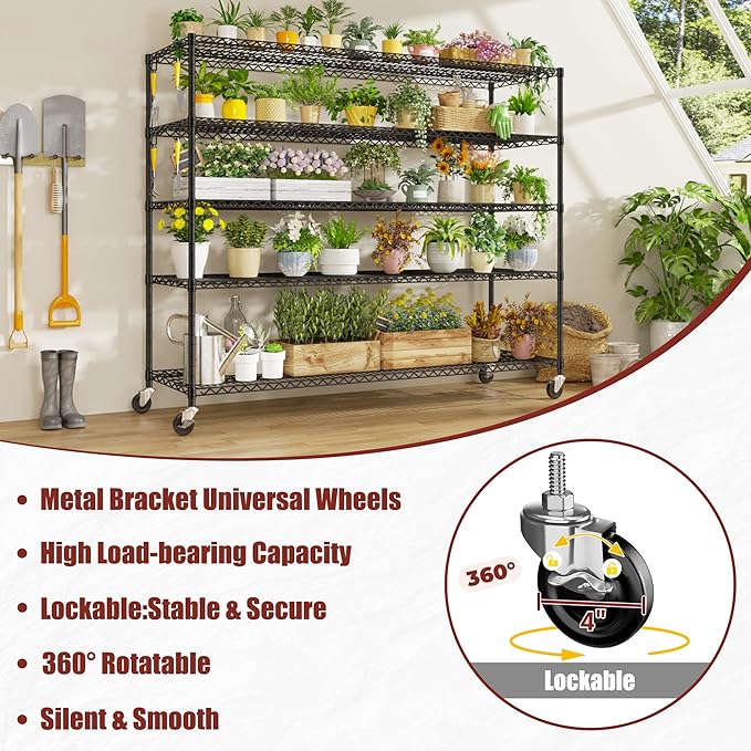 PrimeZone 5 Tier 80.7" Hx55.5 Wx24 D Wire Shelving with Wheels 3000lbs NSF Certified Storage Shelves Heavy Duty Metal Shelf Adjustable Rolling Rack Commercial Garage Restaurant Warehouse Kitchen 3Pcs