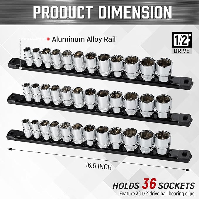 ALOANES 3-Piece Magnetic Socket Organizer, Heavy Duty Aluminum Socket Rails Organizer, 360° Swivel Clips Socket Holder Kit for Tool Box, 1/4-Inch Socket Holder x 42 Clips (Black)