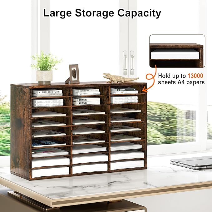 Literature Organizer 27 Slots Wooden Mailboxes for Classroom Office Mail Organizer Countertop Vertical File Sorter with Adjustable Shelves Heavy Duty Office Mailbox Cubbies, Rustic Brown