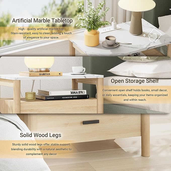 Night Stand with Charging Station, 24" Large Modern Nightstand with Faux Marble Top, 2 Drawers End Table with Solid Round Post Legs & Open Shelf, for Bedroom, Natural Oak