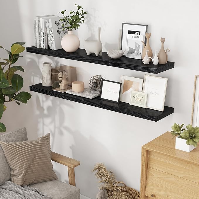 Fun Memories Black 55Inch Floating Shelves for Wall 2 Pack Shelves for Bedroom|Kitchen|Bathroom Wall Mounted Rustic Wood Floating Shelf with Invisible Brackets for Books|Storage|Decor