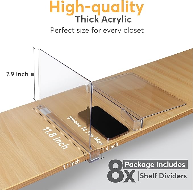 8 Pack Acrylic Shelf Dividers for Closet Organization 11x7.9 Inch – Clear Closet Shelf Separators for Purses, Clothes & Sweater Storage – Vertical Bookshelf Dividers for Bedroom, Office & Kitchen